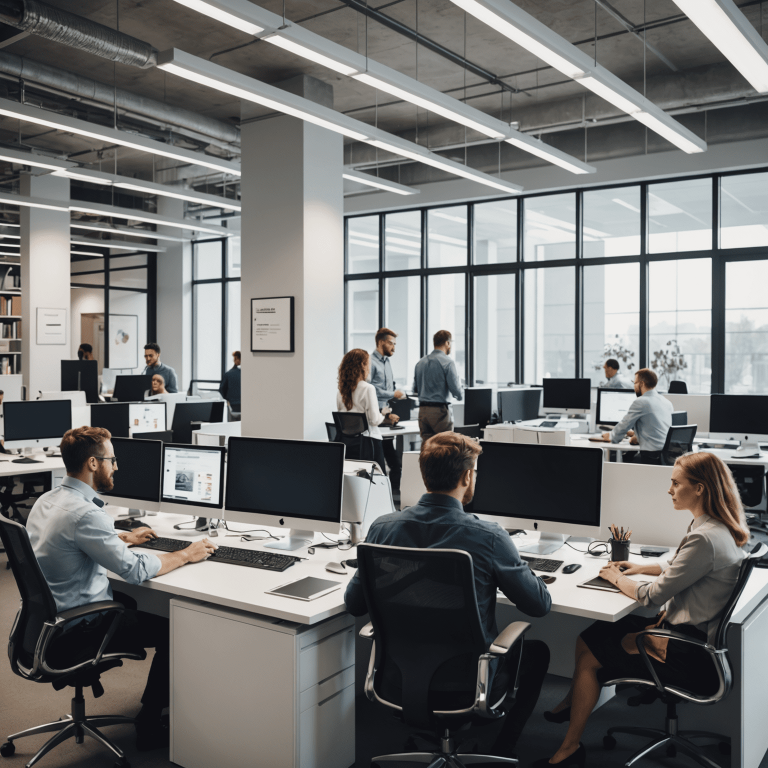 Team of IT professionals working together in a modern office setting