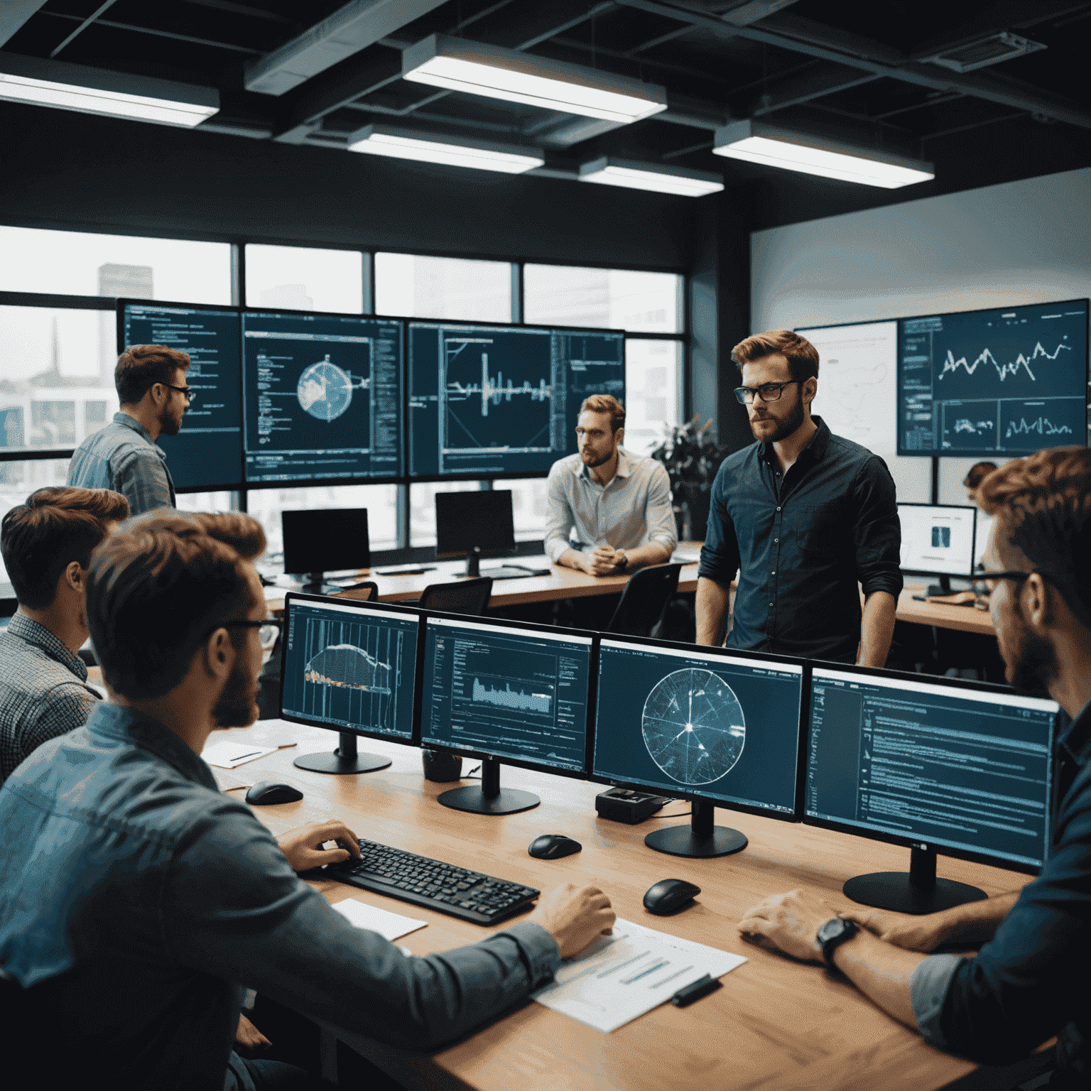 Team of software developers collaborating on a project, with multiple screens showing code and diagrams