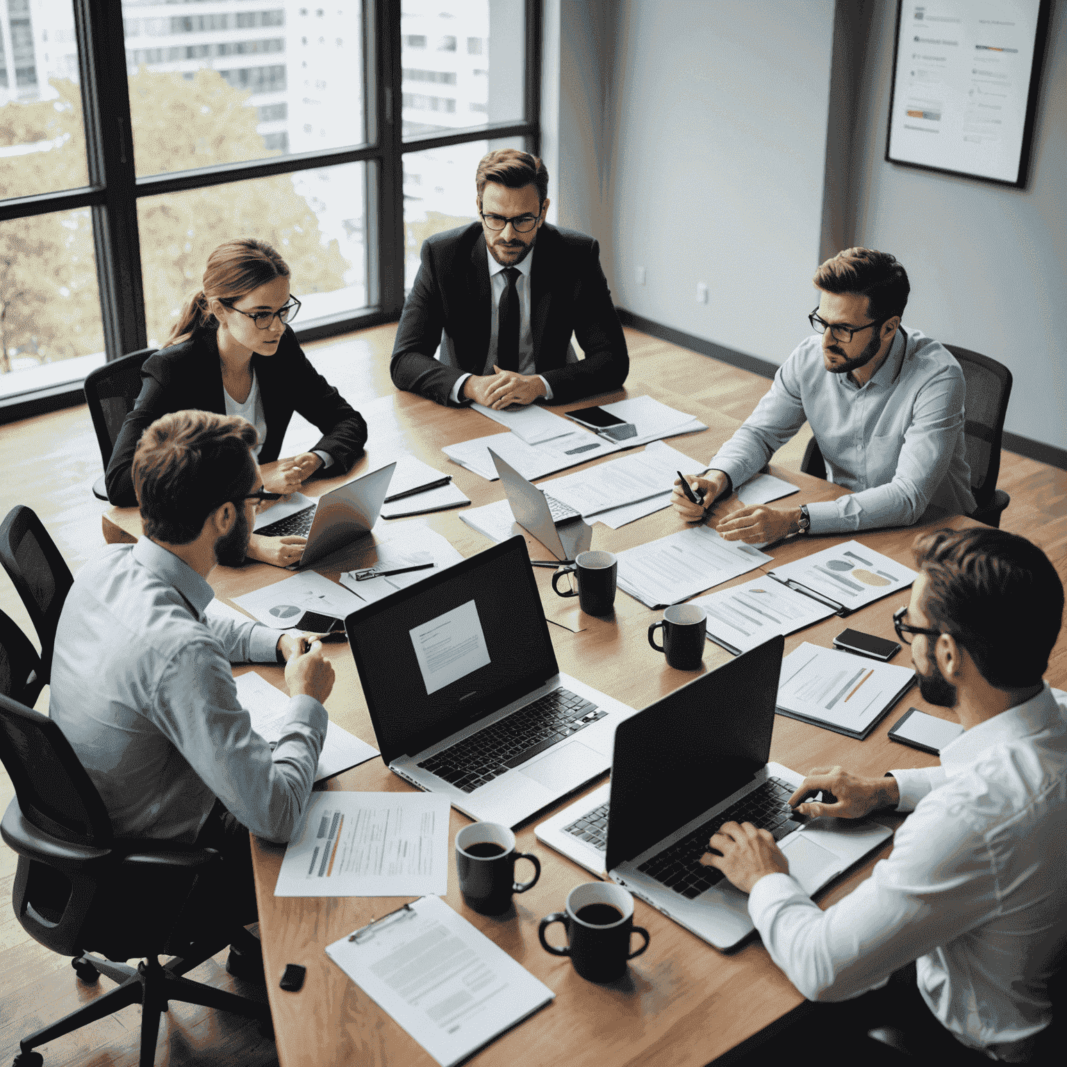 A team of IT consultants discussing a project around a conference table, with laptops and documents spread out. The consultants appear engaged and collaborative.