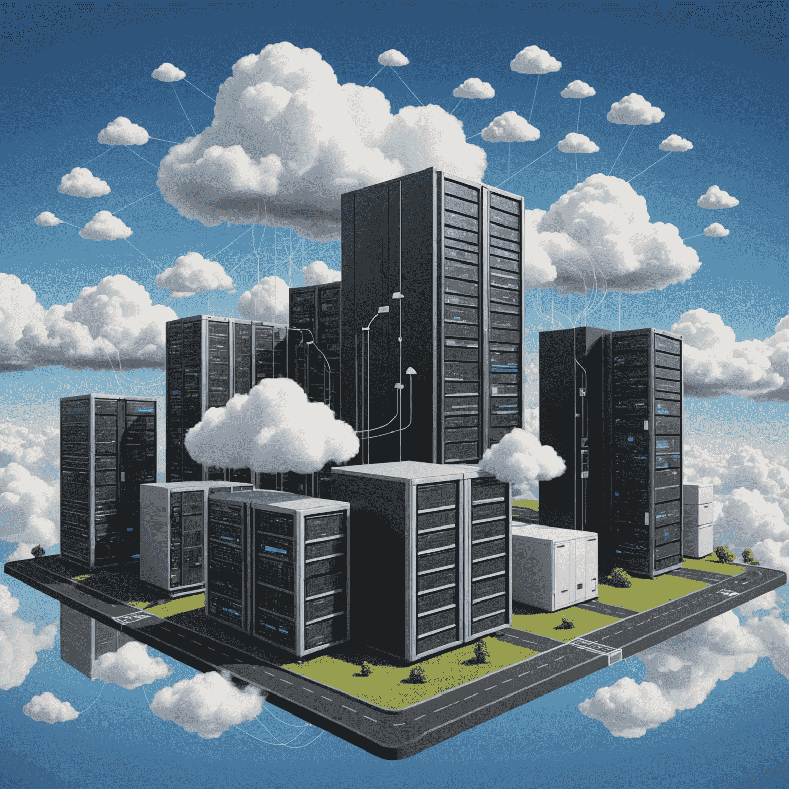 Illustration depicting the process of migrating infrastructure and applications to the cloud, with servers, databases, and applications moving from on-premises to cloud-based environments.