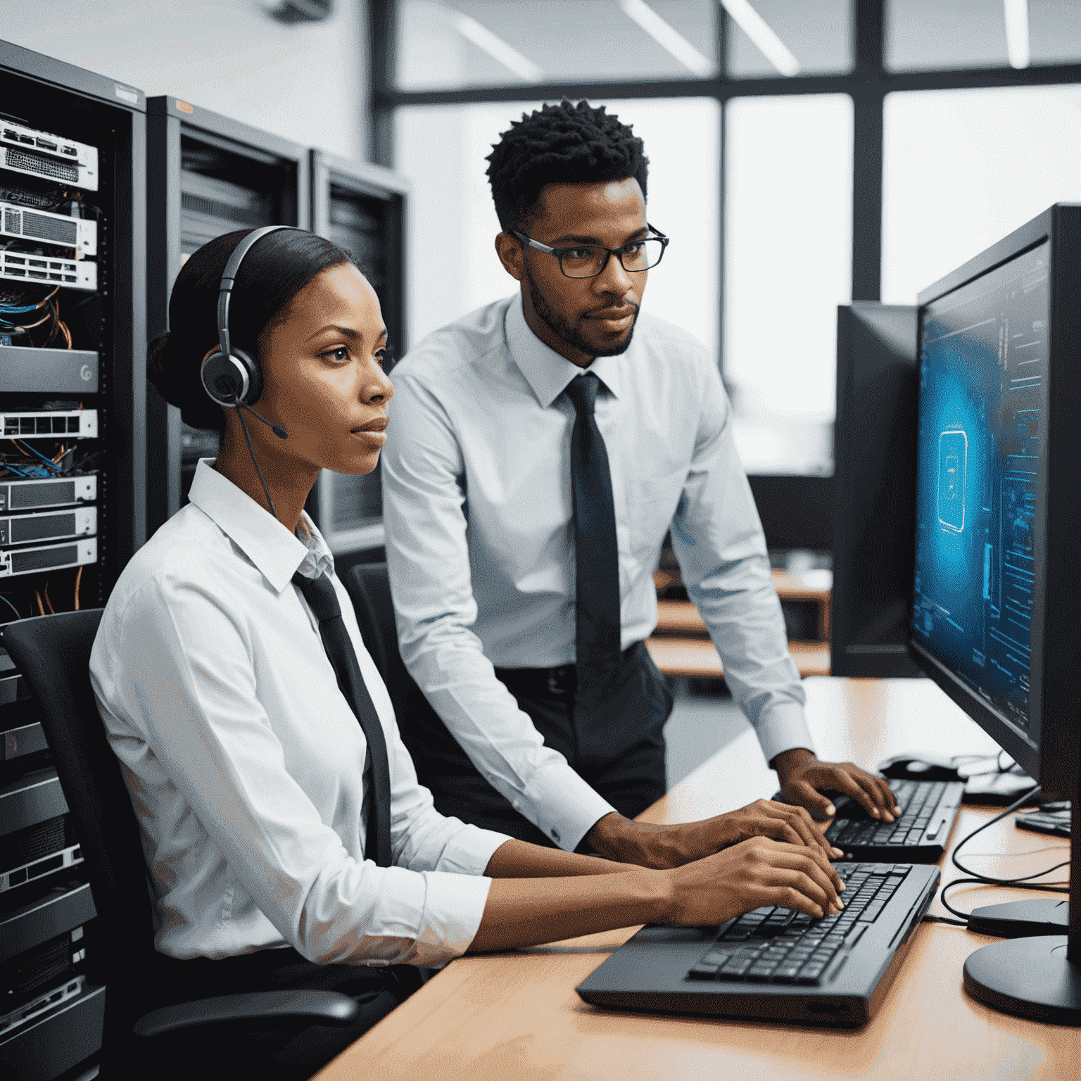 IT support technician assisting a client with their computer issues, ensuring smooth operation of their systems