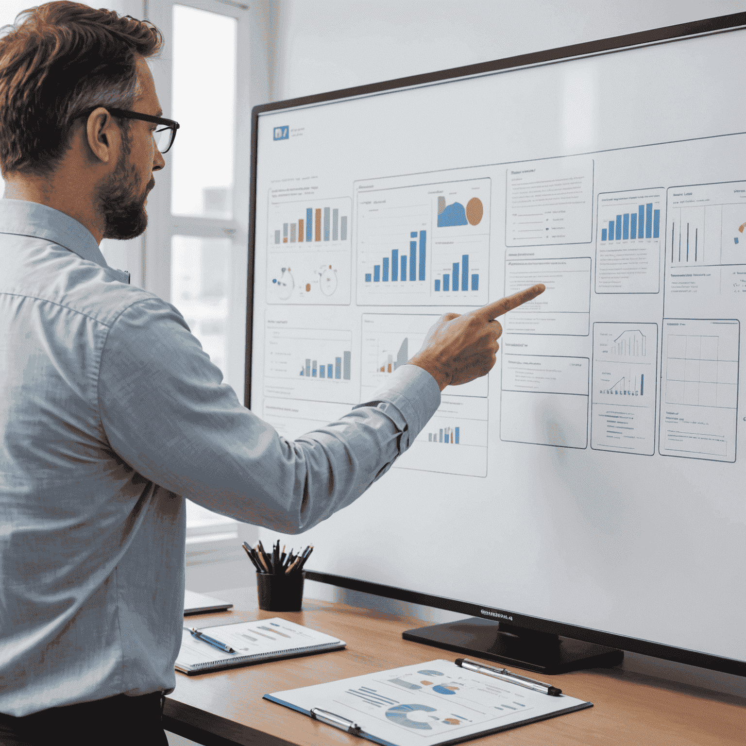 A consultant discussing IT strategy with a client, pointing at a whiteboard with diagrams and charts