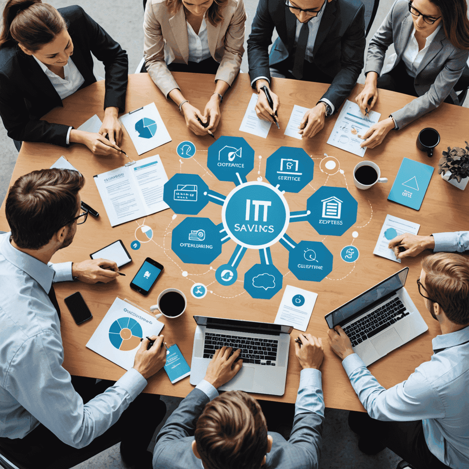 Illustration of a business team collaborating with IT experts, symbolizing the benefits of outsourcing IT services such as cost savings, access to specialized skills, and increased efficiency.